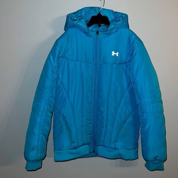 Under Armour Girls Youth XL  sky blue Winter Puffer Hooded Jacket - Picture 1 of 8